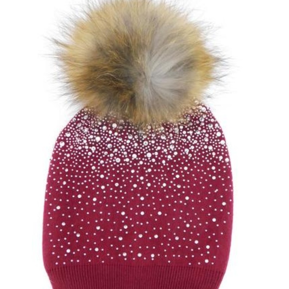 Jeweled Cashmere Pom Hats, Cranberry color only